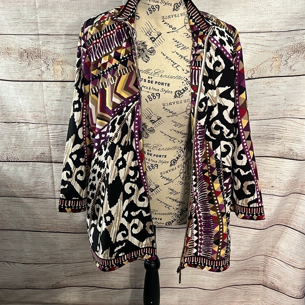 Chico's Mixed-Print Open Front Jacket in Black, Purple, Mustard